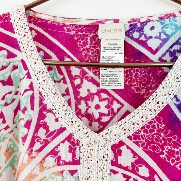 Chicos Womens Small Medium Pink Blue Boho Print Poncho Shirt Short Sleeve Beach - Picture 4 of 6